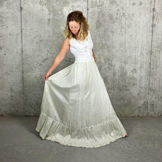 Antique 1900s Edwardian Cotton Skirt, Pale Robin’s Egg & Ecru Floral Print Summer Petticoat, XS