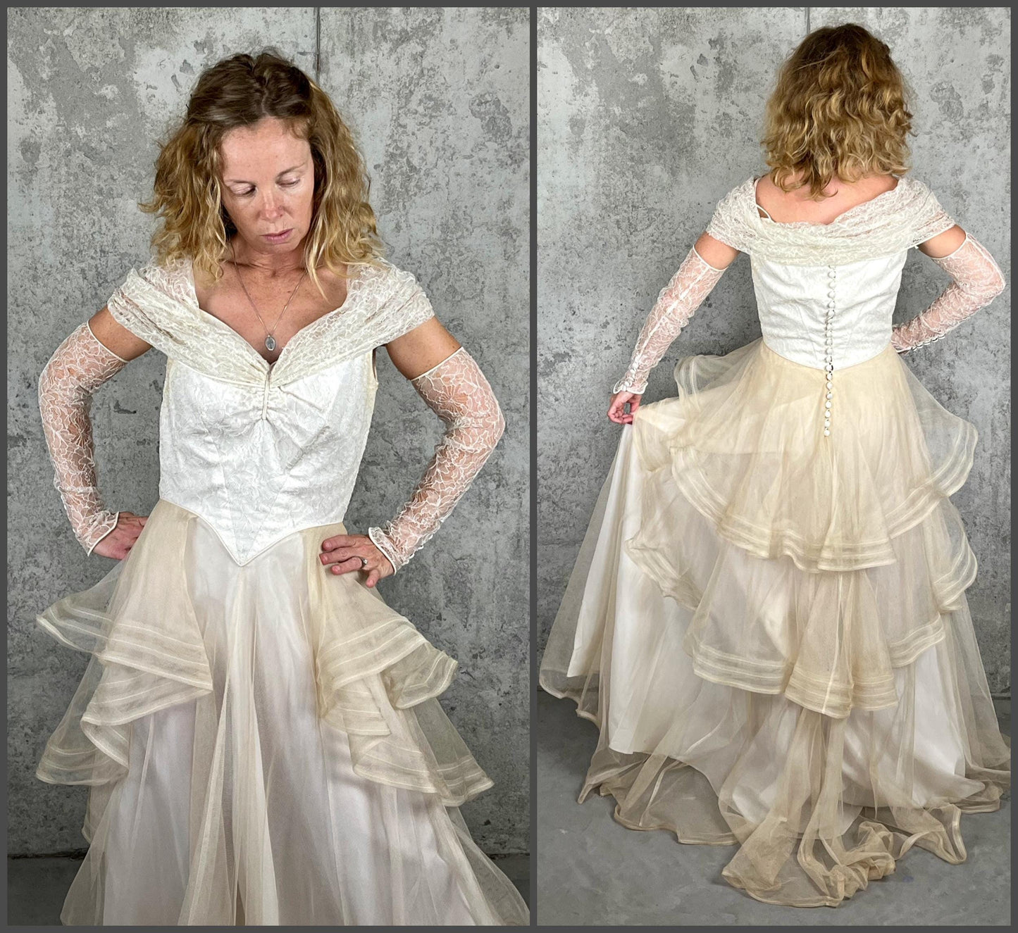 Vintage Late 1930s–1940s Wedding Dress, Satin & Net Lace Bridal Gown with Off-Shoulder Collar, Small