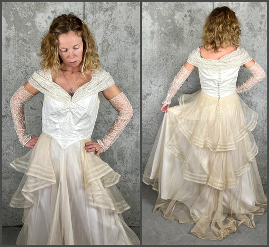 Vintage Late 1930s–1940s Wedding Dress, Satin & Net Lace Bridal Gown with Off-Shoulder Collar, Small