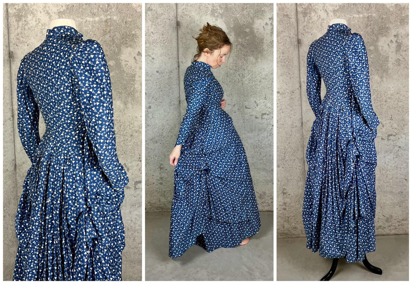 Rare Antique Victorian Polonaise Dress, 1870s–1880s Indigo Printed Cotton Two-Piece Ensemble, XXS
