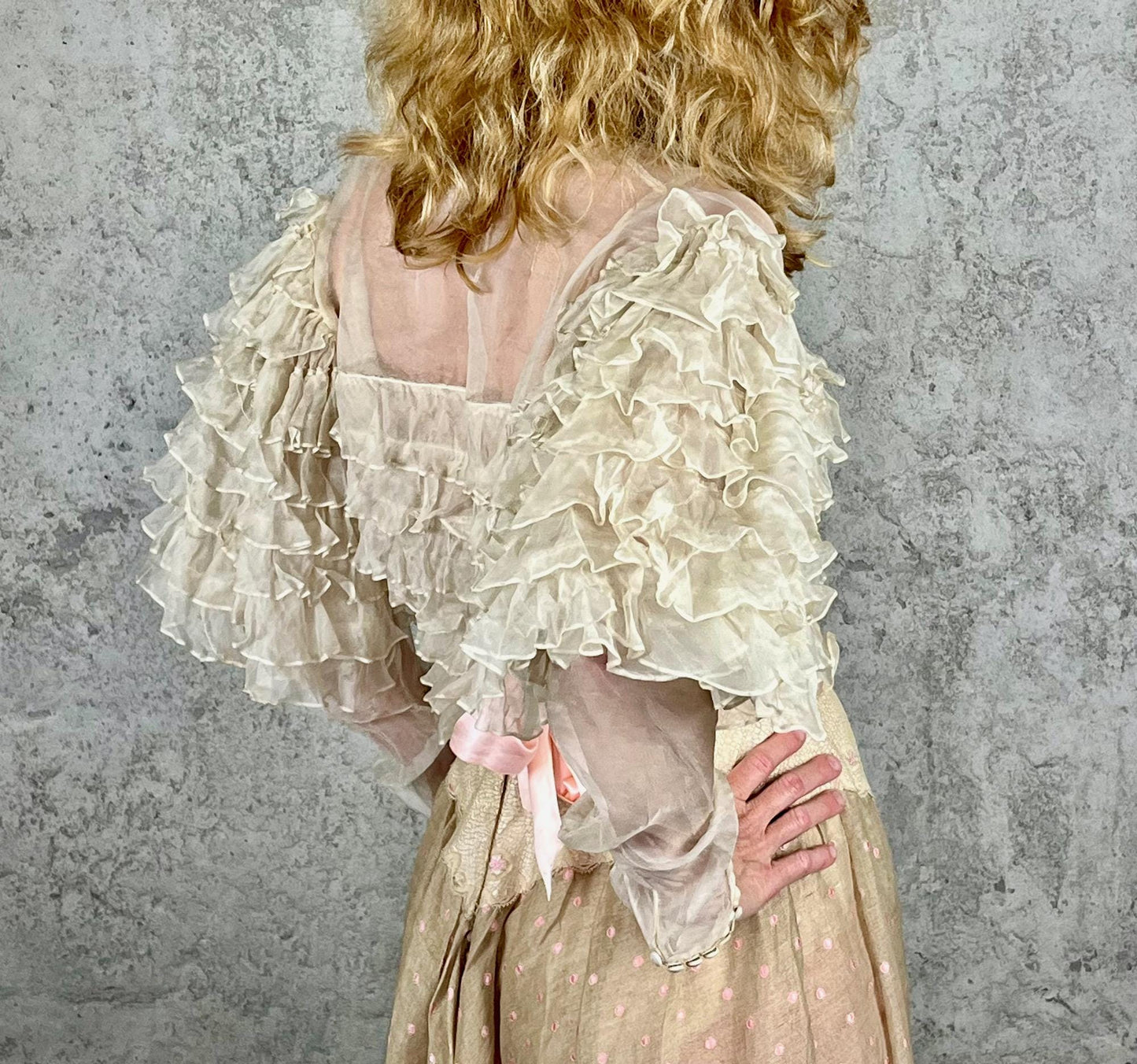 Vintage 1930s Sheer Silk Blouse with Leg-of-Mutton Sleeves & Tiered Ruffles, XS–Small