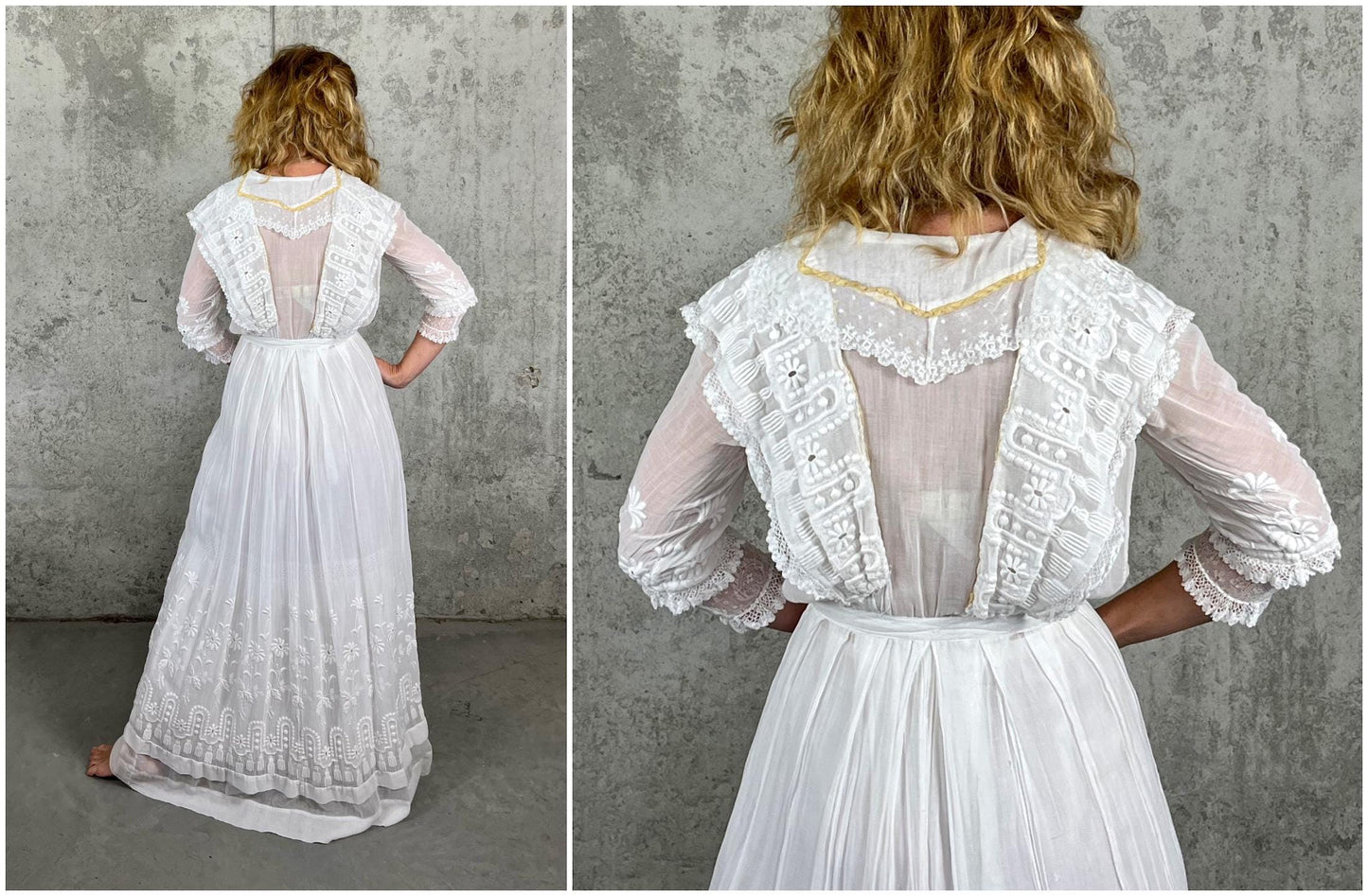 Edwardian 1900s White Cotton Gauze Lingerie Dress with Floral Net & Mother-of-Pearl Buttons, XS