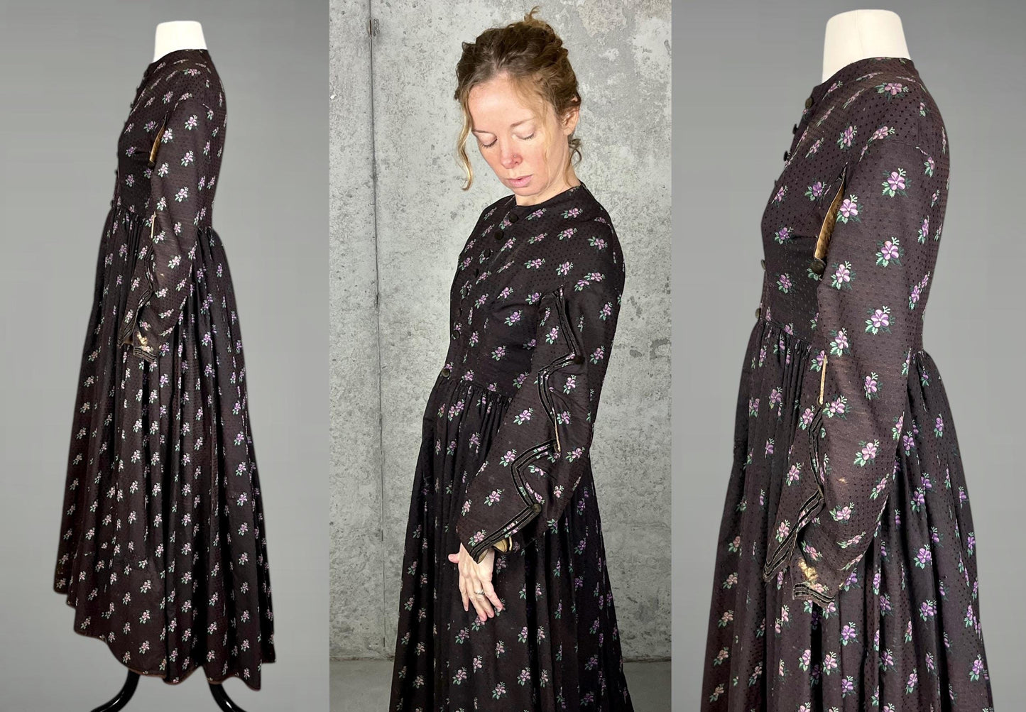 Antique 1850s Victorian Floral Printed Day Dress, 19th Century, XS/S