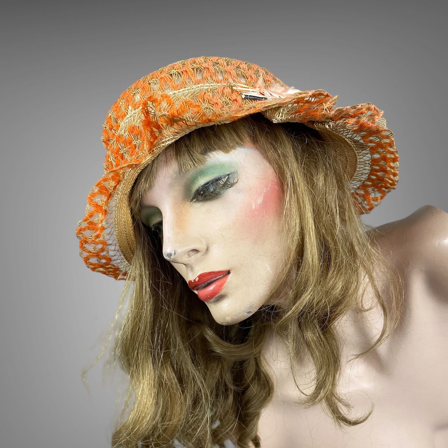 Vintage 1920s Orange Woven Straw and Horsehair Flapper Cloche Hat