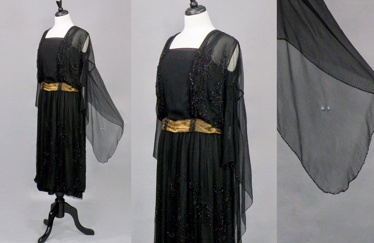Antique Late 1910s–1920s Beaded Flapper Dress with Angel Wing Sleeves, B. Altman Black & Gold Lamé Jazz Age Gown, S–S/M