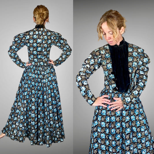 Antique 1890s–1900s Blue Floral Print Cotton Day Dress, Victorian Edwardian Gigot Sleeve Gown, XS