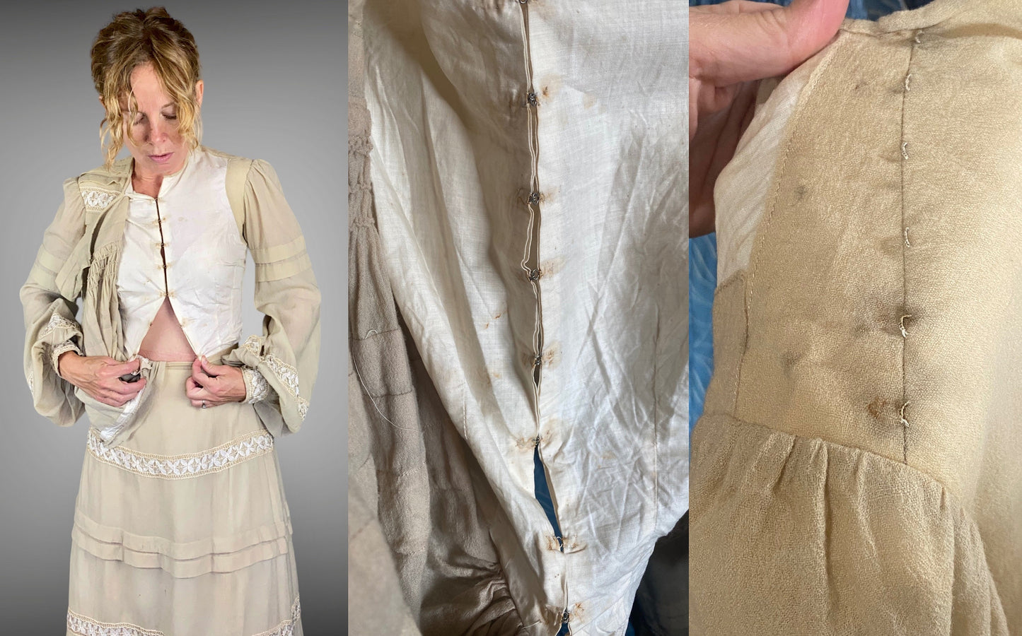 Antique 1900s Edwardian Gibson Girl Dress in Beige Wool, Bishop Sleeves, Pigeon Breast Bodice, XXS