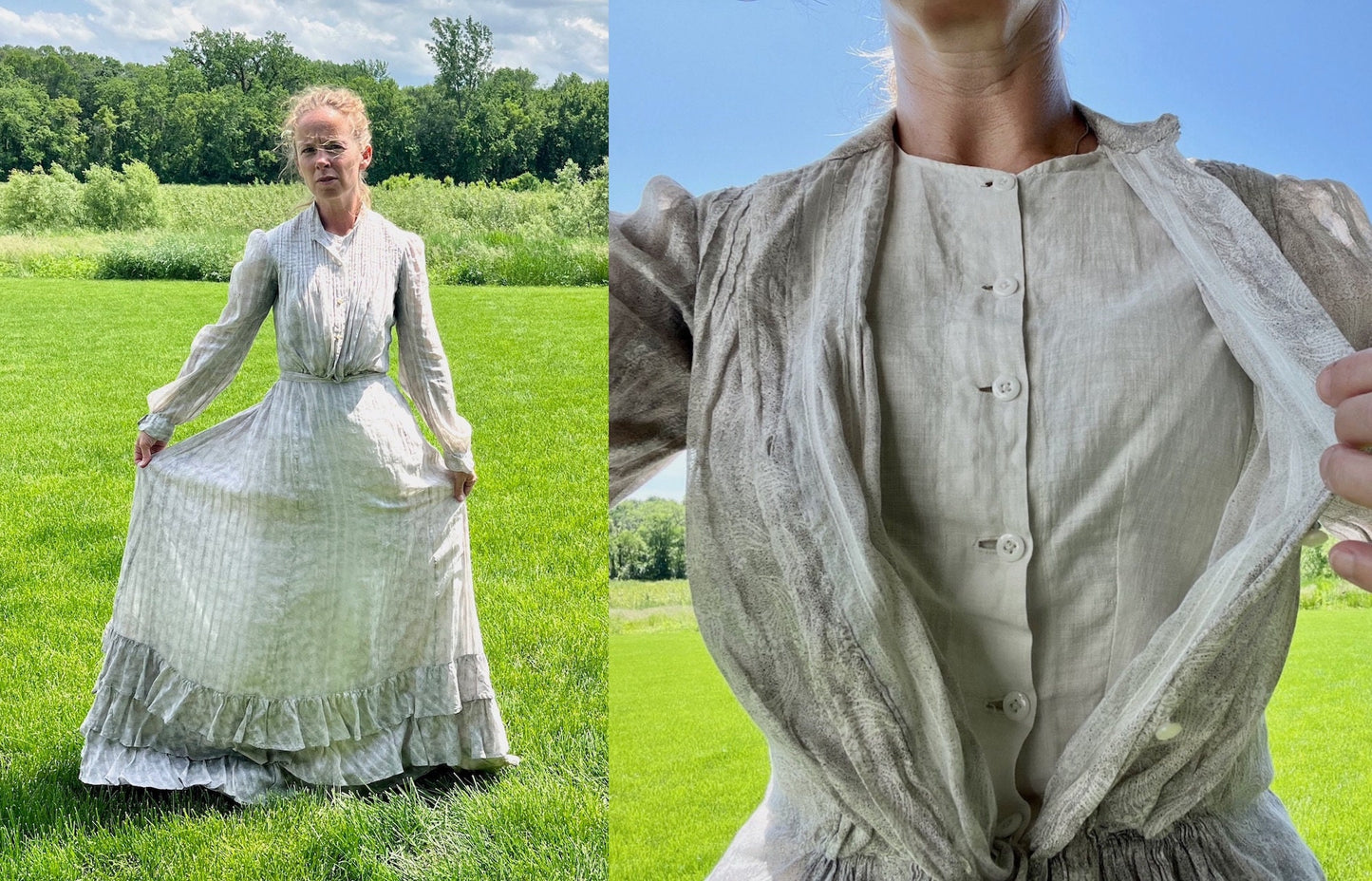 Antique Edwardian 1900s Printed Cotton Gibson Girl Dress, Tiered Skirt & Blouse Set, Small