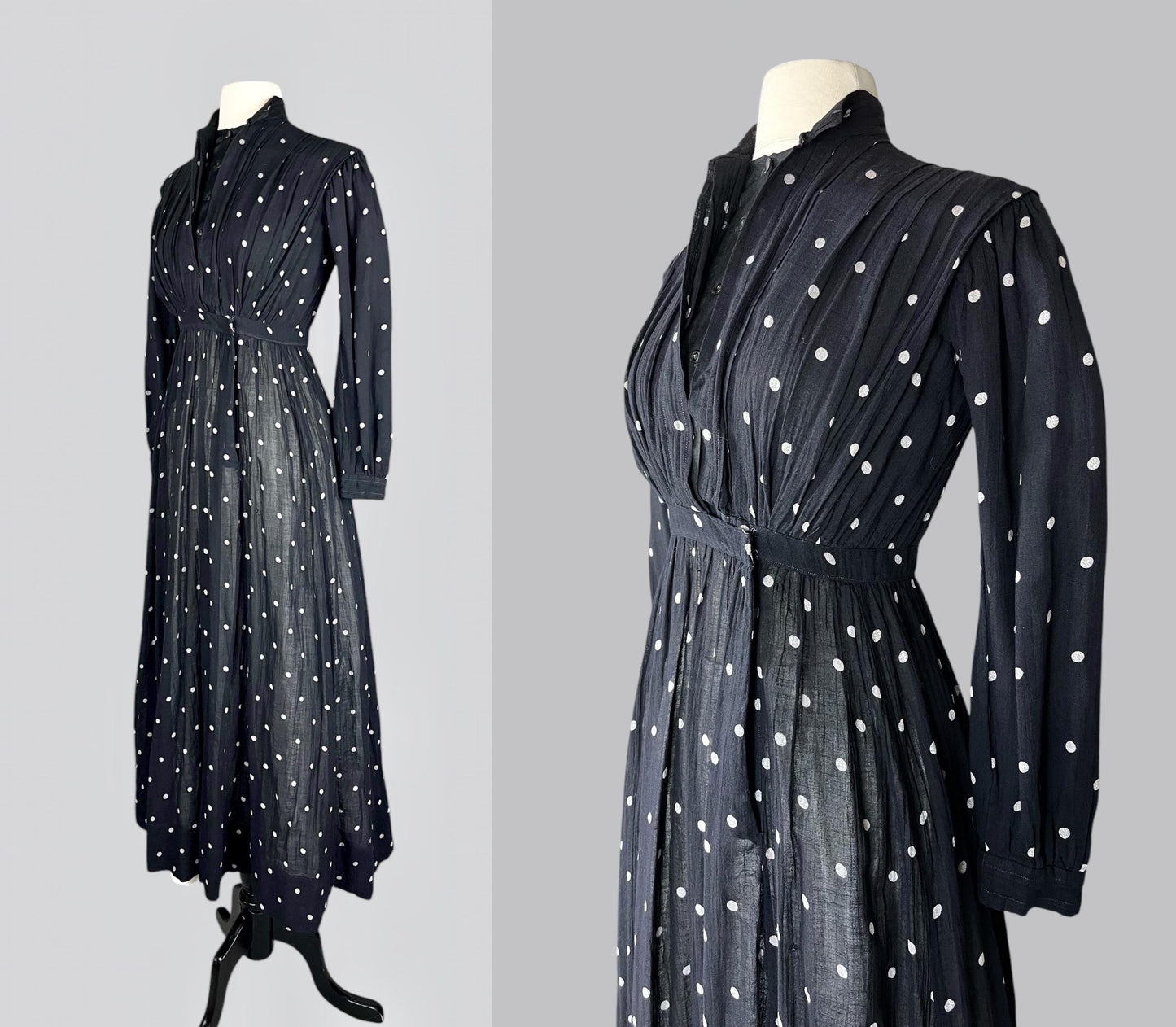 Antique Edwardian 1900s–1910s Black & White Polka Dot Cotton Gauze Dress, XS