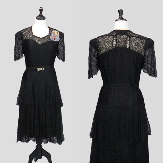 Vintage 1930s Lace Tiered Peplum Dress with Art Deco Clasp Belt & Velveteen Flower Corsage, Medium