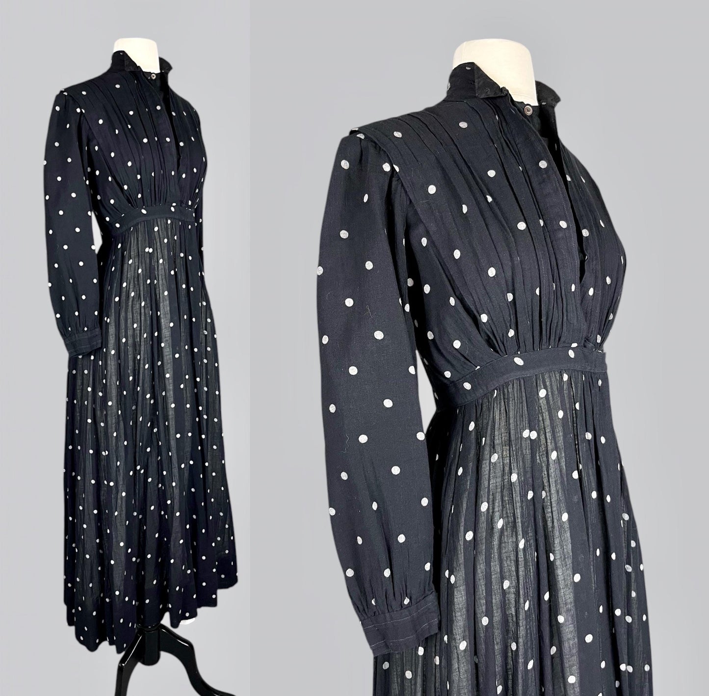 Antique Edwardian 1900s–1910s Black & White Polka Dot Cotton Gauze Dress, XS