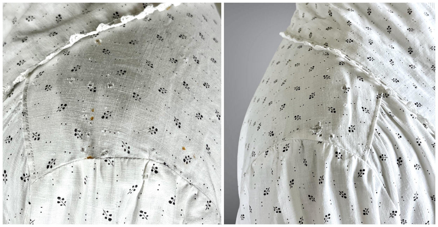 Antique White Calico Dress, 1910s Cotton Day Dress, Size Large