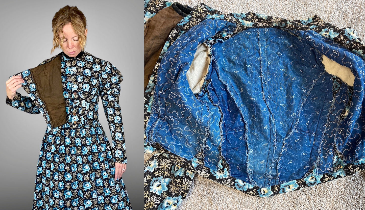 Antique 1890s–1900s Blue Floral Print Cotton Day Dress, Victorian Edwardian Gigot Sleeve Gown, XS