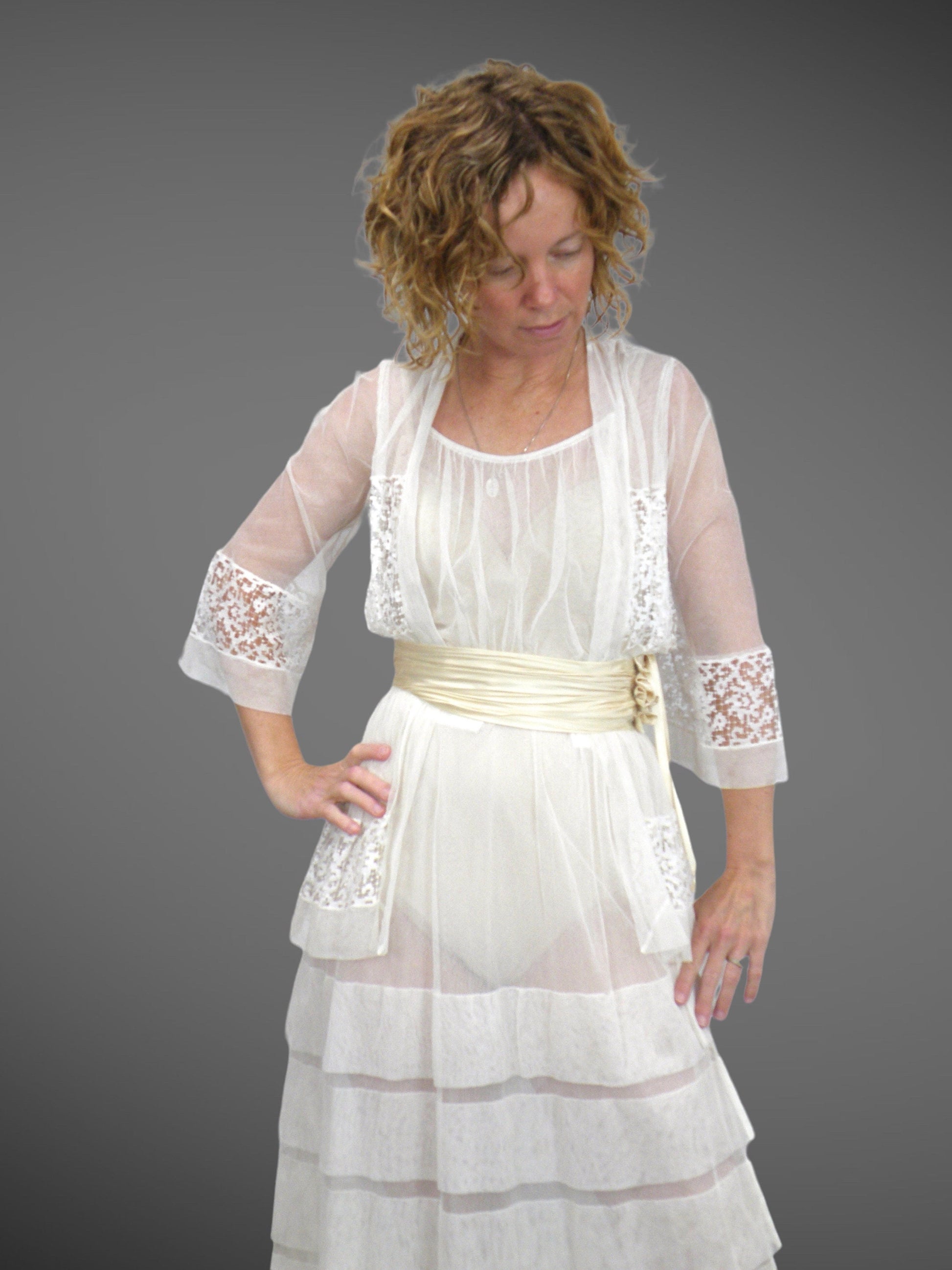 Antique 1910s Edwardian White Net Lace Tiered Dress with Silk Waistband, XXS
