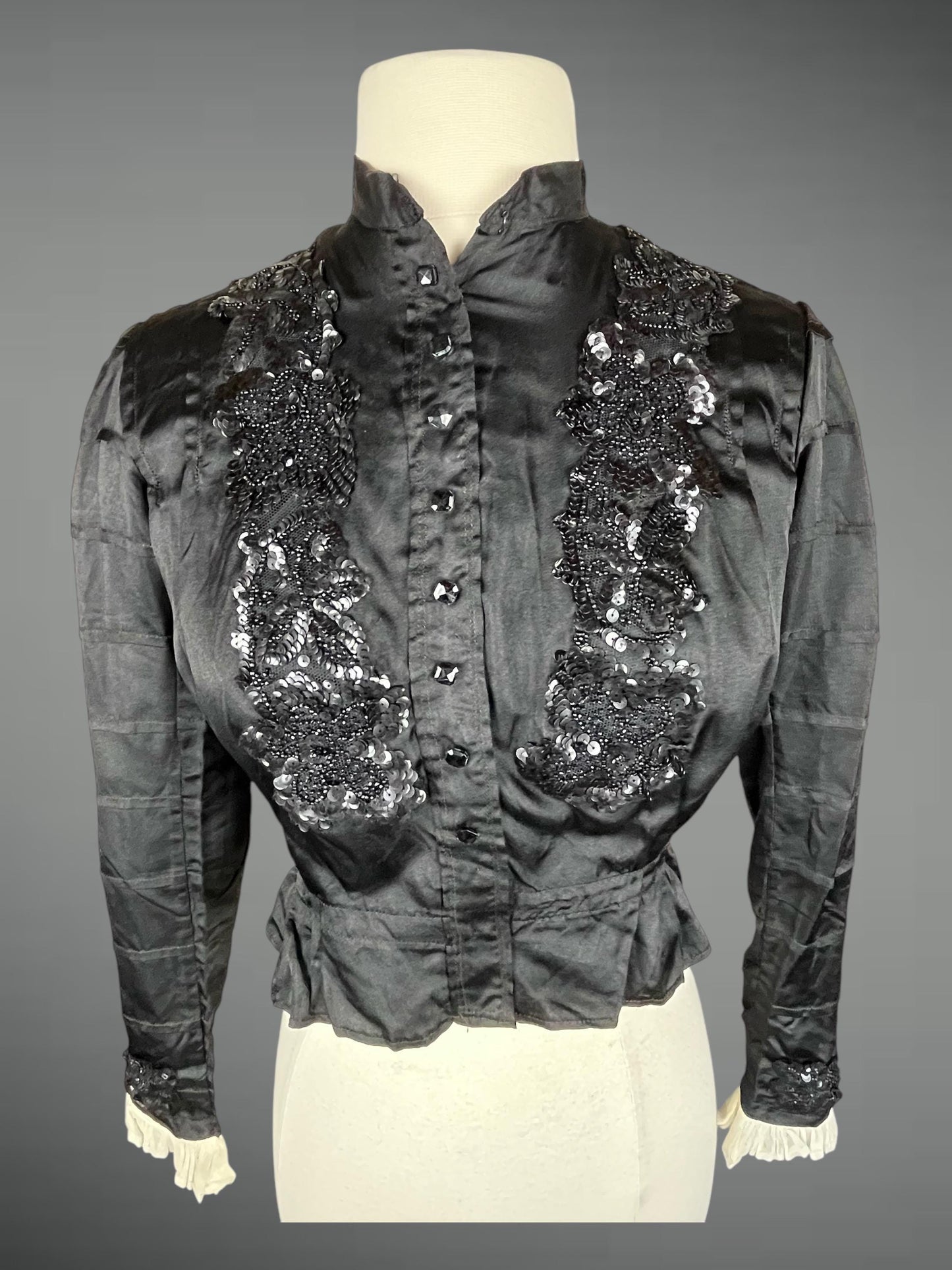 Antique Edwardian 1900s Beaded & Sequined Black Silk Blouse, XS–S
