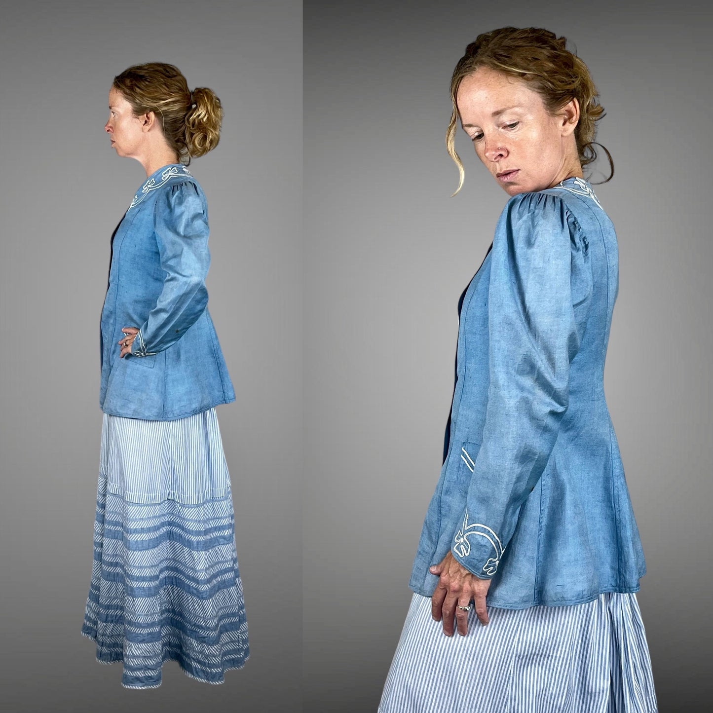 Antique c. 1900–1905 Edwardian Walking Suit, Blue Linen Jacket & Striped Cotton Skirt, XS/S