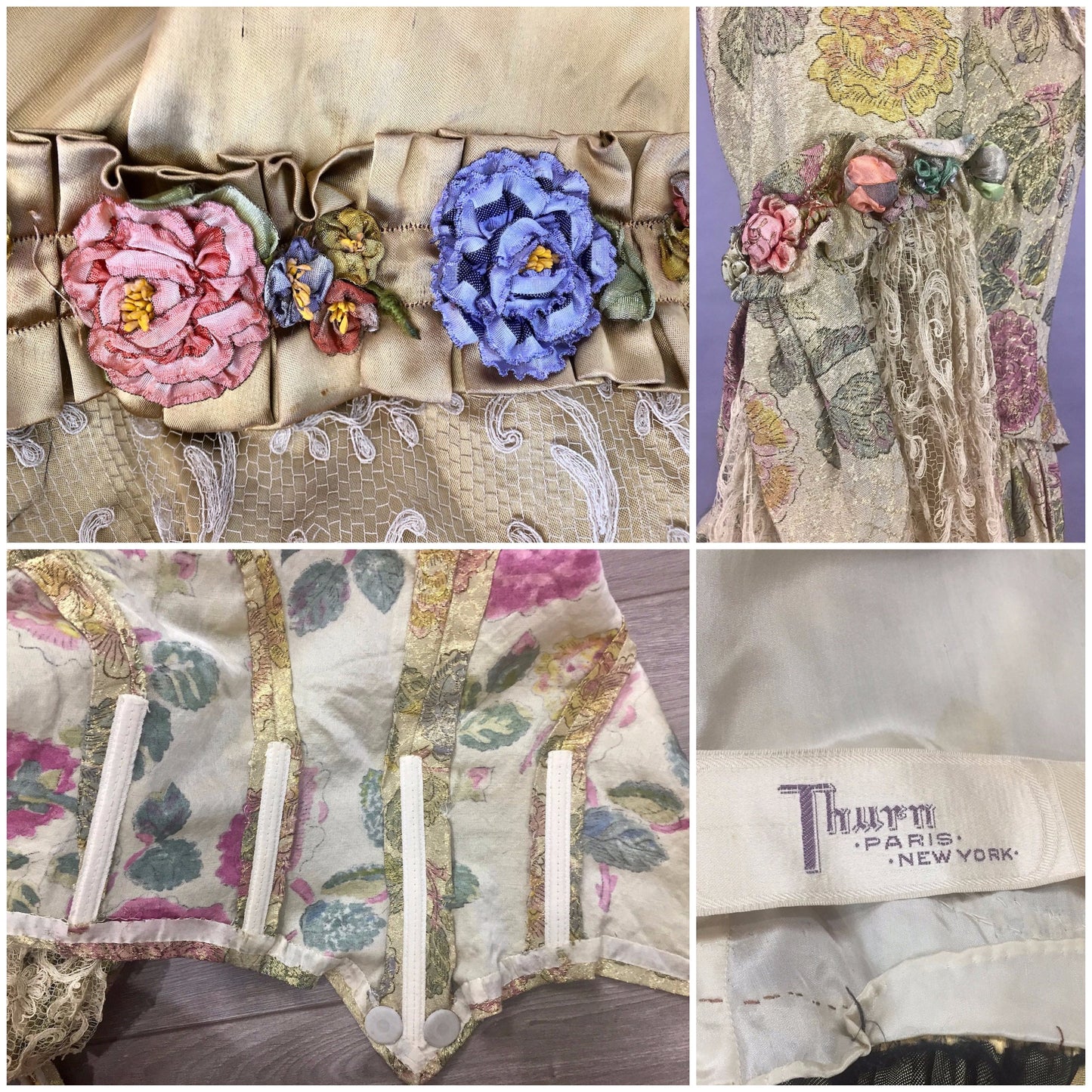 Antique 1910s Rococo Revival Evening Gown in Floral Lamé and Liquid Gold Silk with Ribbon Flowers and Lace Bell Sleeves, by Thurn Paris–New York, M - M/L