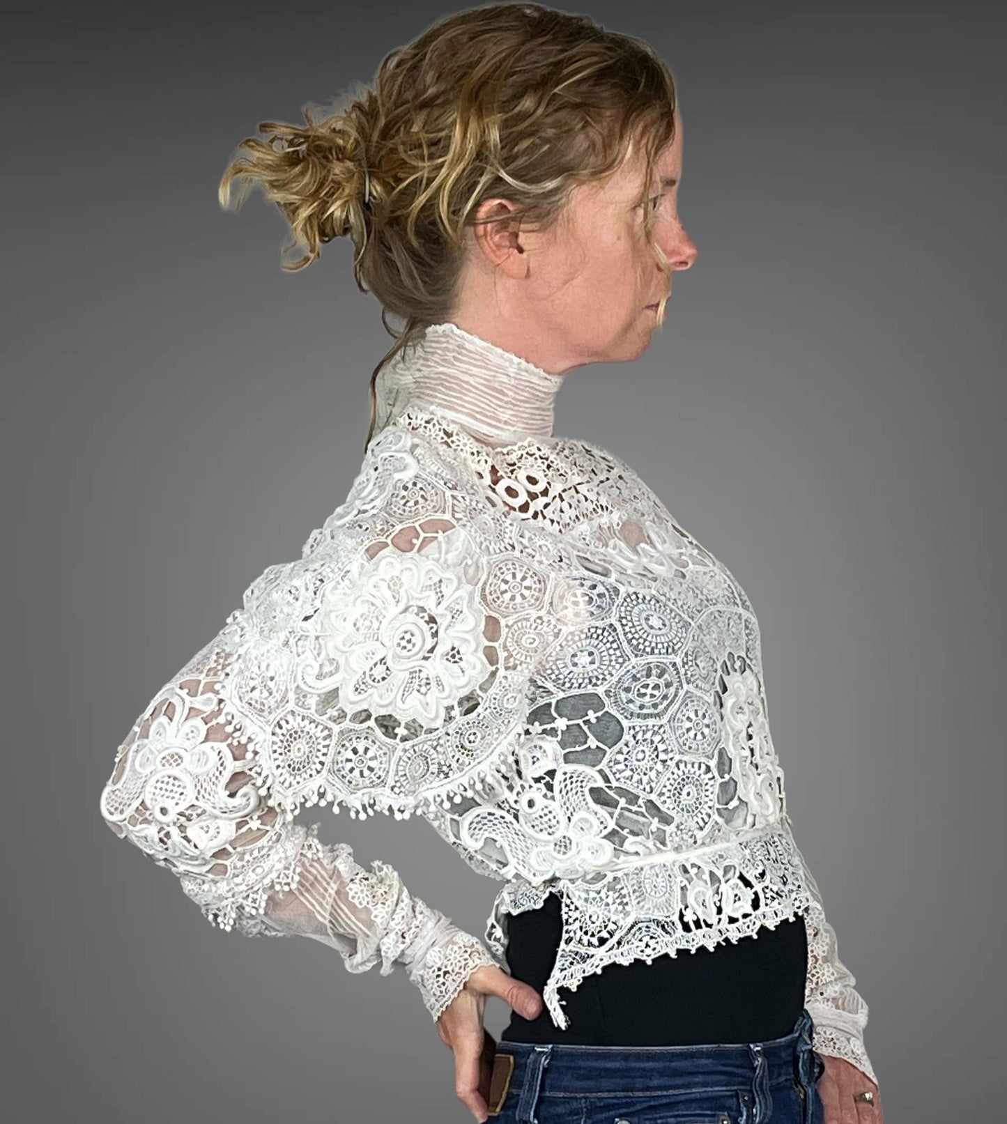 1900s Victorian Edwardian Mixed Lace Antique Blouse, XS 23 Waist