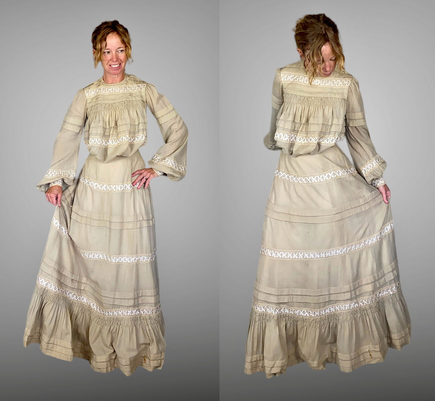 Antique 1900s Edwardian Gibson Girl Dress in Beige Wool, Bishop Sleeves, Pigeon Breast Bodice, XXS