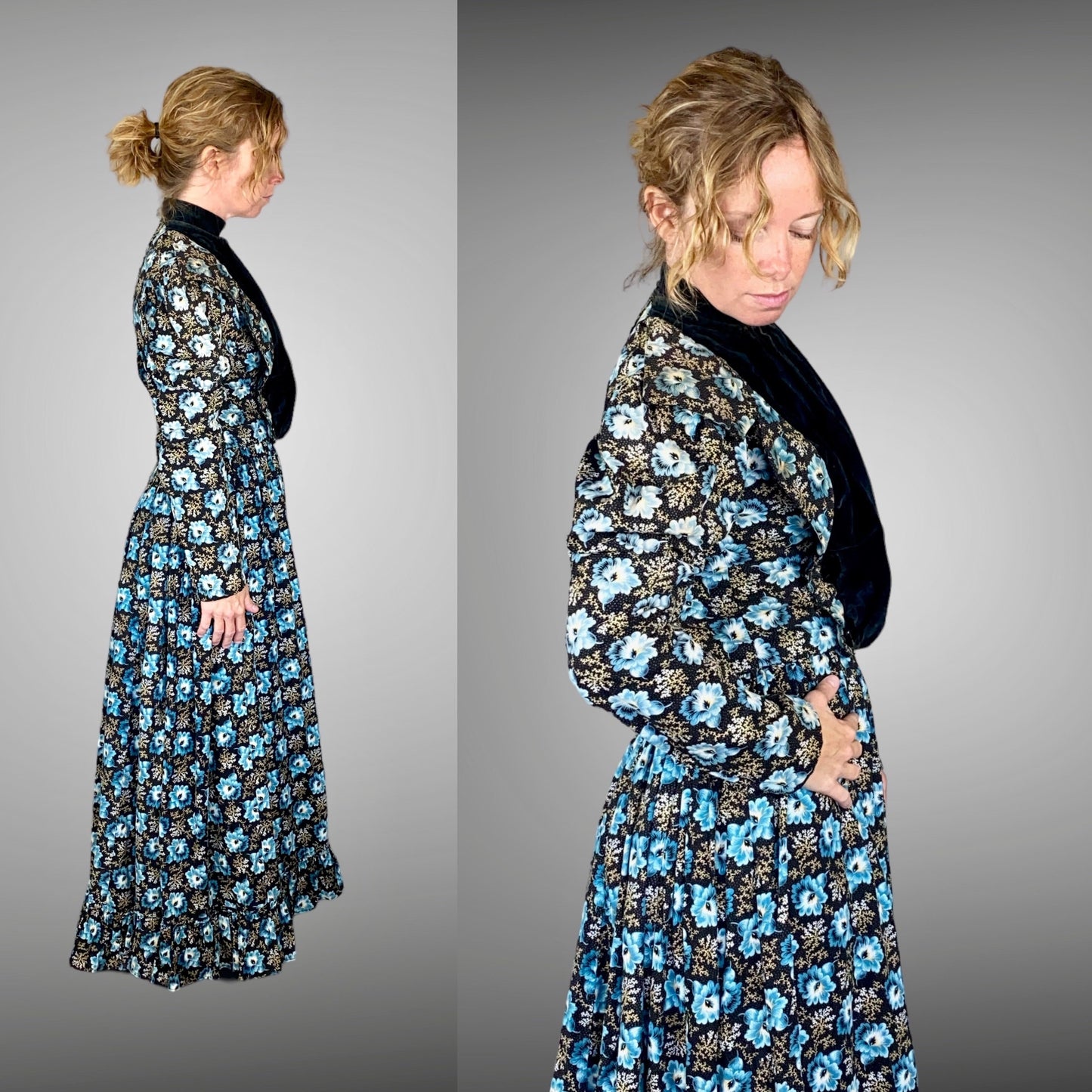 Antique 1890s–1900s Blue Floral Print Cotton Day Dress, Victorian Edwardian Gigot Sleeve Gown, XS