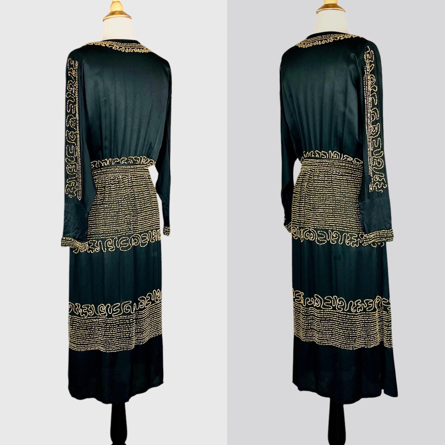 Vintage 1920s Black Silk Gold Beaded Dress with Belt, Art Deco 20s, S/M–M
