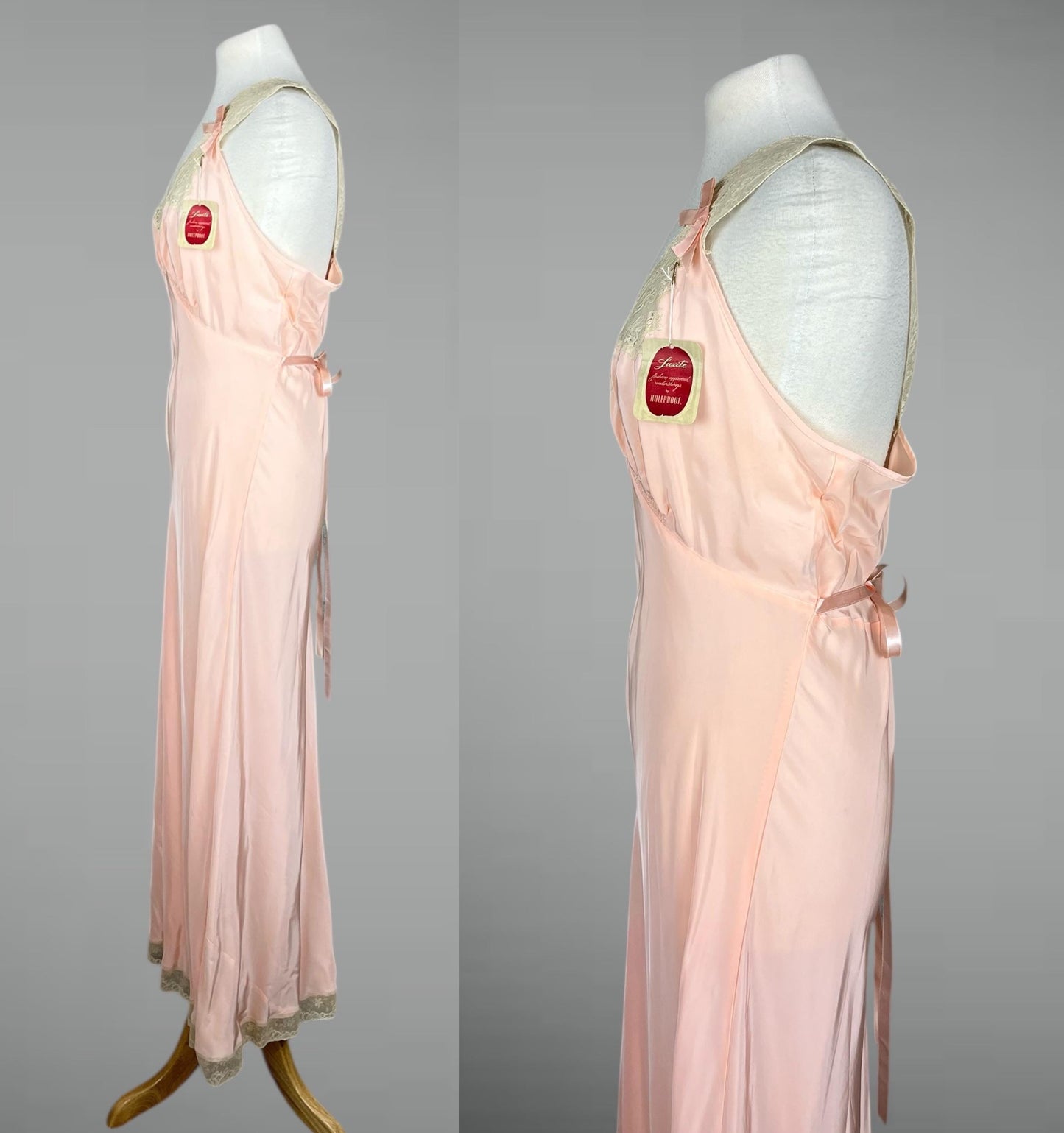 Vintage 1940s Pink Rayon Satin Nightgown, NOS Luxite Holeproof Bias-Cut Slip with Lace Bodice & Bows, M–L