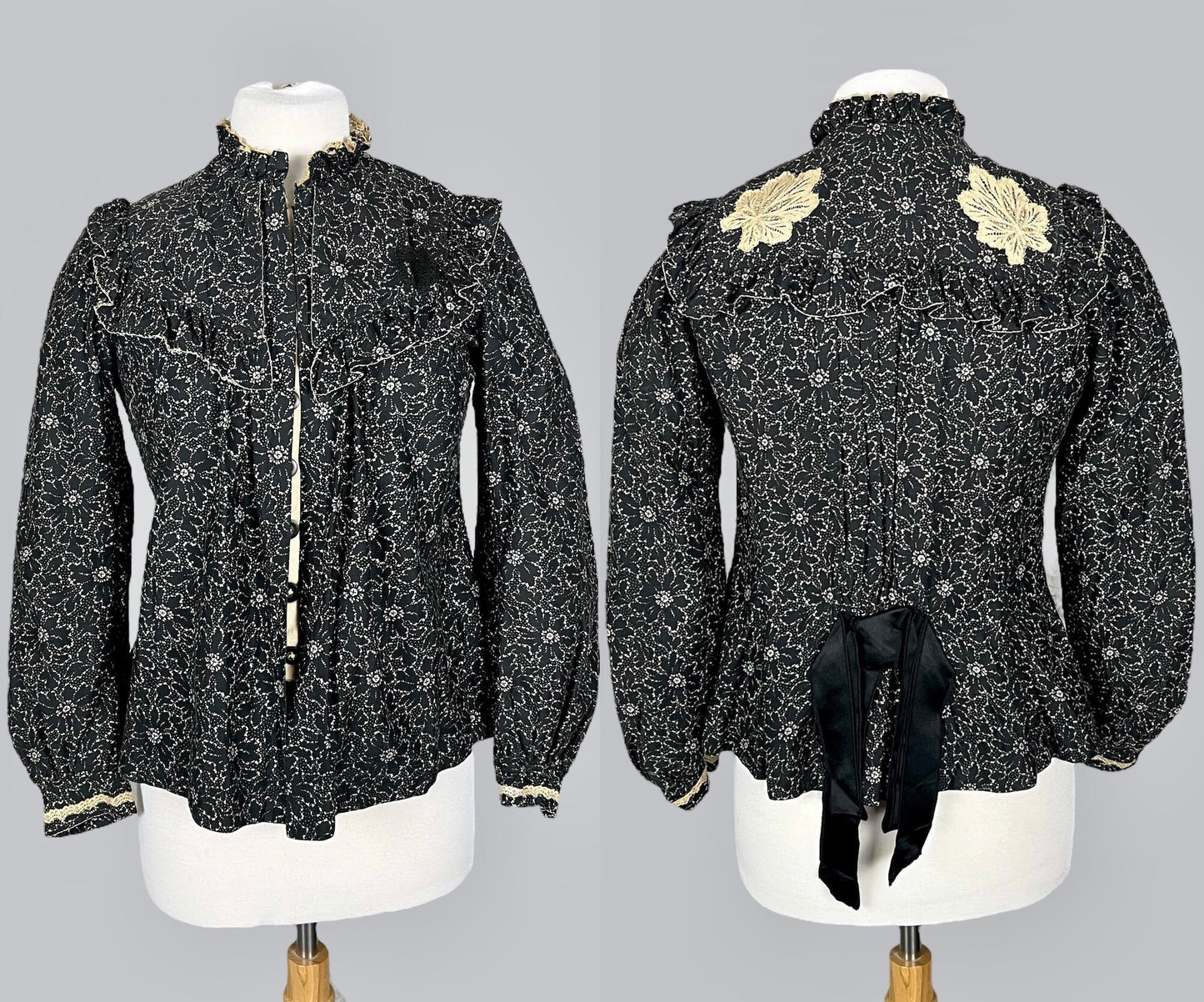 Antique 1890s–1900s Floral Cotton Print Victorian Prairie Blouse with Lace Appliqué, S/M–M