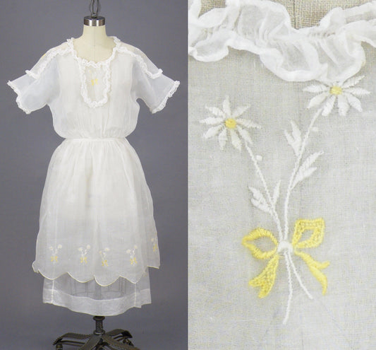 Antique Late 1910s–1920s White Embroidered Organdy Summer Dress, 2-Piece, XS 25" Waist