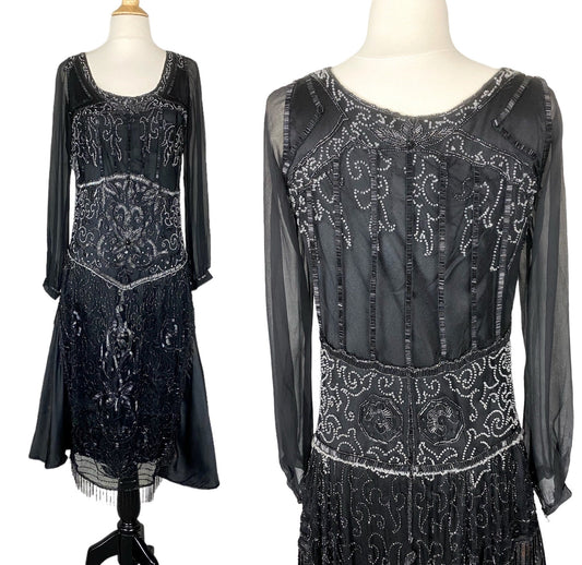 Vintage 1920s Art Deco Beaded Dress, XS–Small
