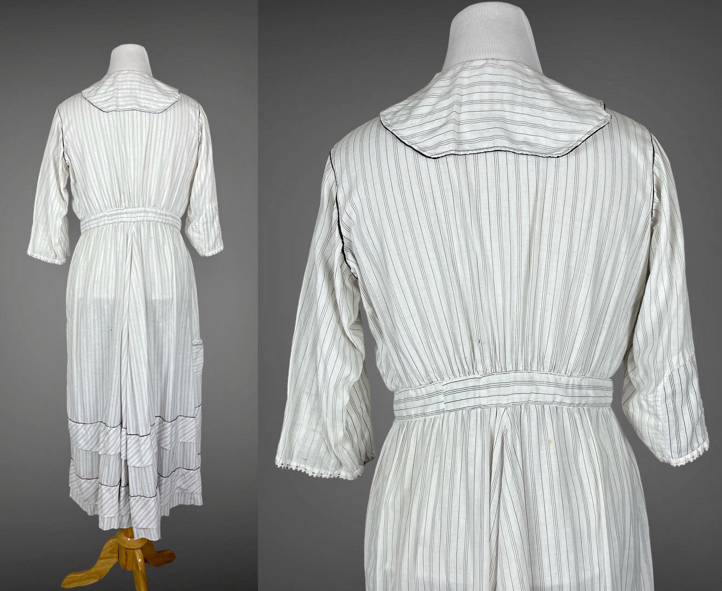 Antique 1910s Gray Striped Cotton Work Dress, Large