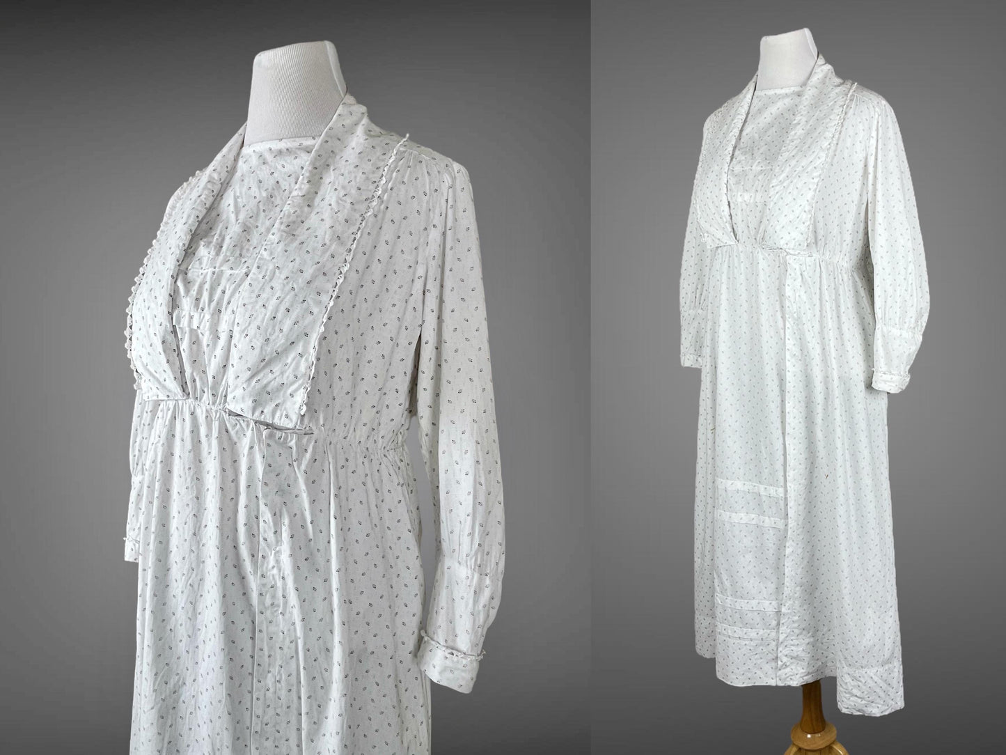 Antique White Calico Dress, 1910s Cotton Day Dress, Size Large