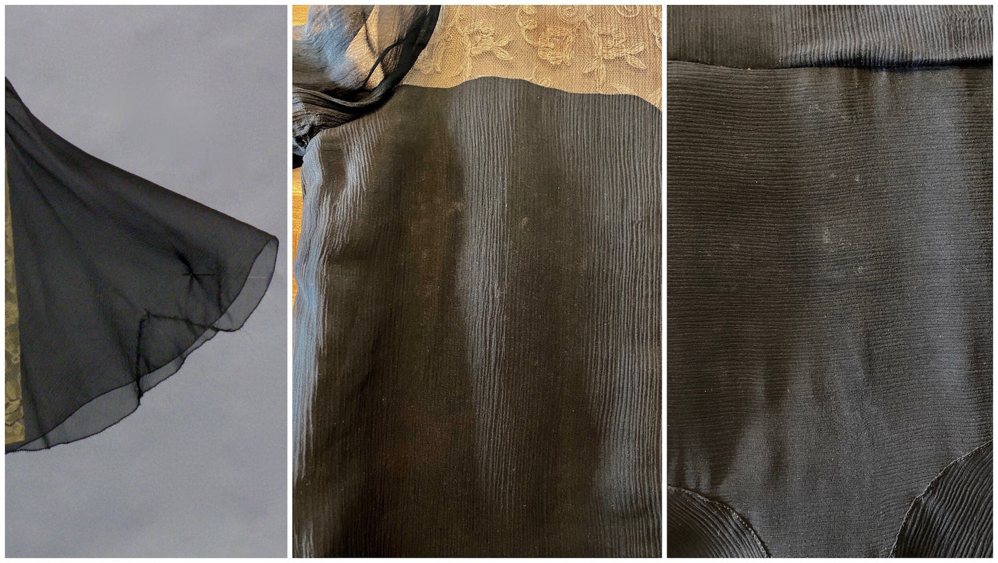 Vintage Late 1920s–1930s Sheer Black Silk Lace Bell Sleeve Art Deco Dress, Large