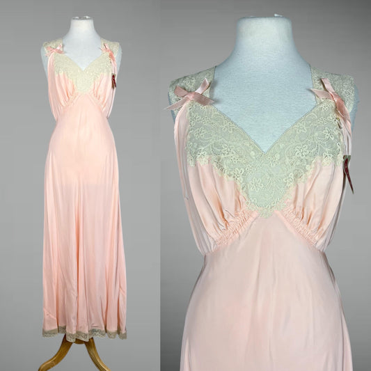 Vintage 1940s Pink Rayon Satin Nightgown, NOS Luxite Holeproof Bias-Cut Slip with Lace Bodice & Bows, M–L