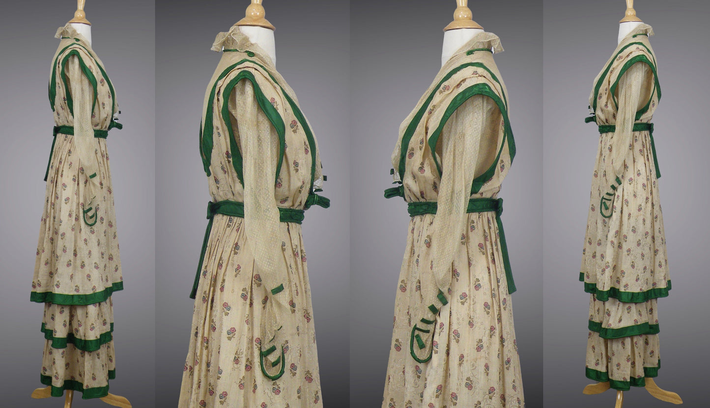Antique 1900s Edwardian Floral Print Dress with Green Silk Trim & Matching Reticule Purse, XS