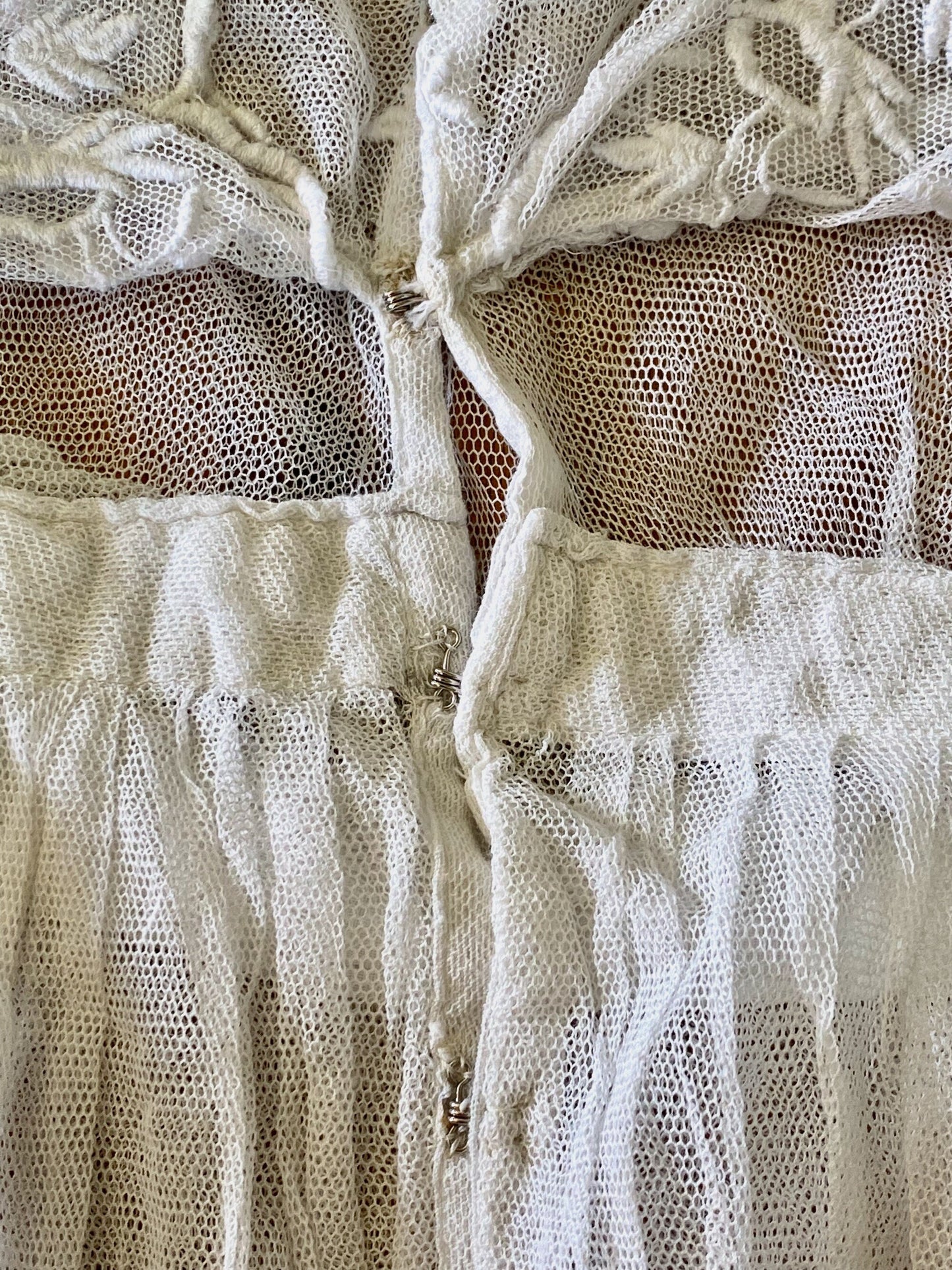 Antique Edwardian 1910s White Net Lace Embroidered Tea Gown, XS