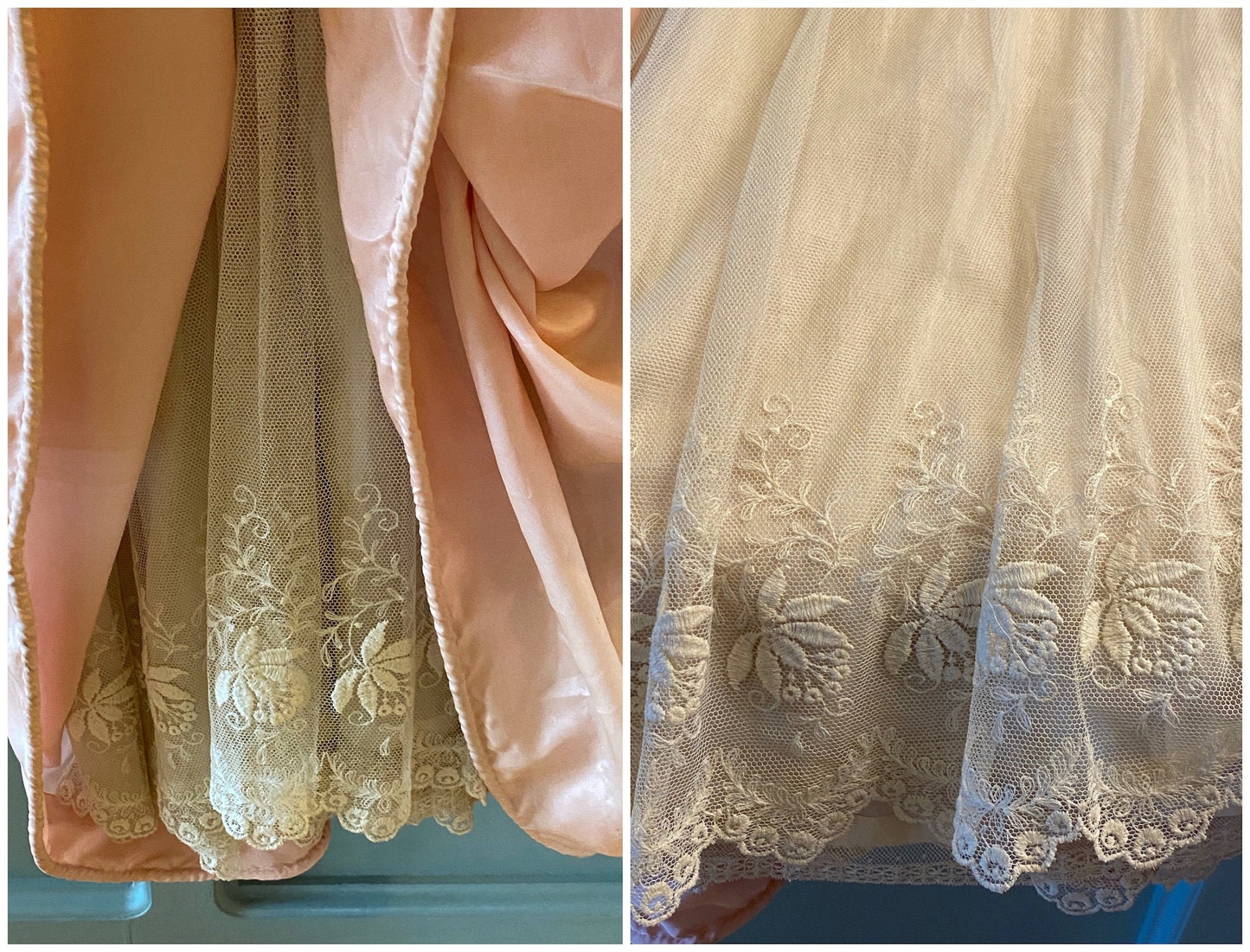 Antique Edwardian 1900s Pink Silk Dress with Lace Trim, Dagger Collar & Bishop Sleeves, XS