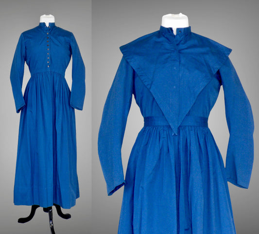 Antique Edwardian 1900s Blue Mennonite Pioneer Dress Set, Split Cape & Apron, Medium 29" Waist