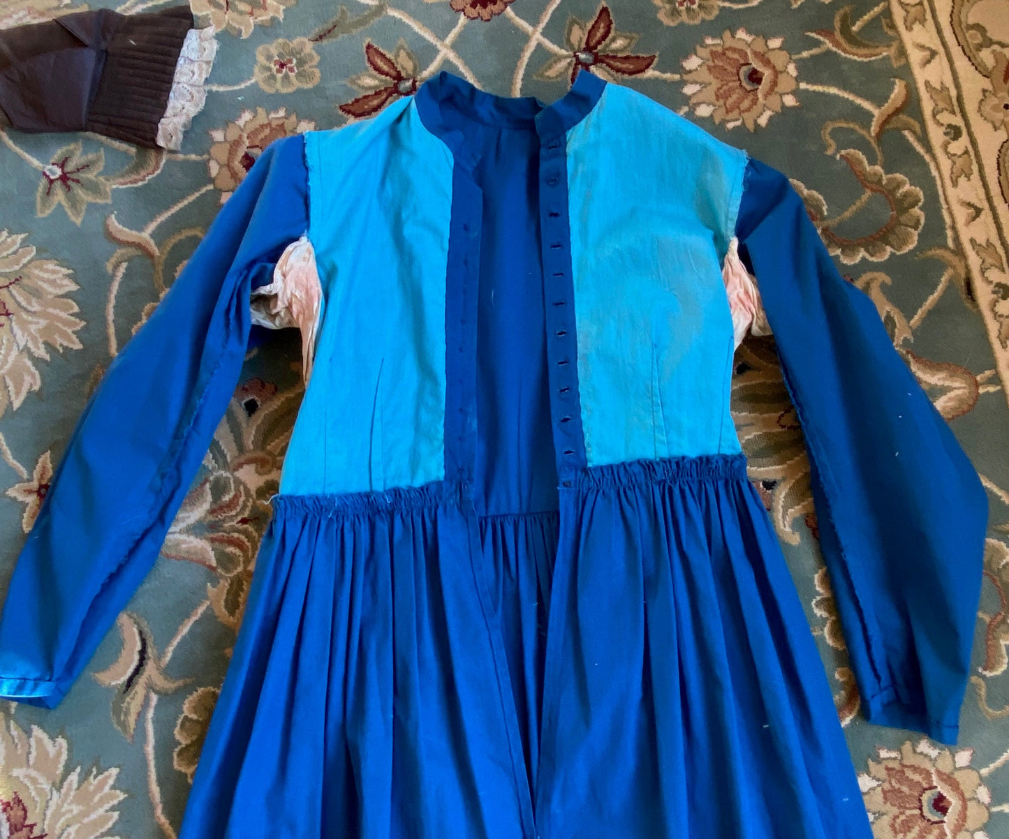 Antique Edwardian 1900s Blue Mennonite Pioneer Dress Set, Split Cape & Apron, Medium 29" Waist