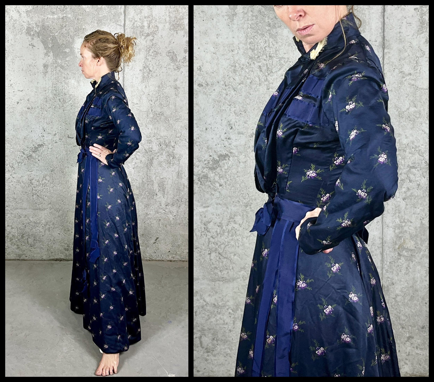 Antique Turn-of-the-Century Floral Silk Gibson Girl Dress Set, Victorian Edwardian Two-Piece, XS