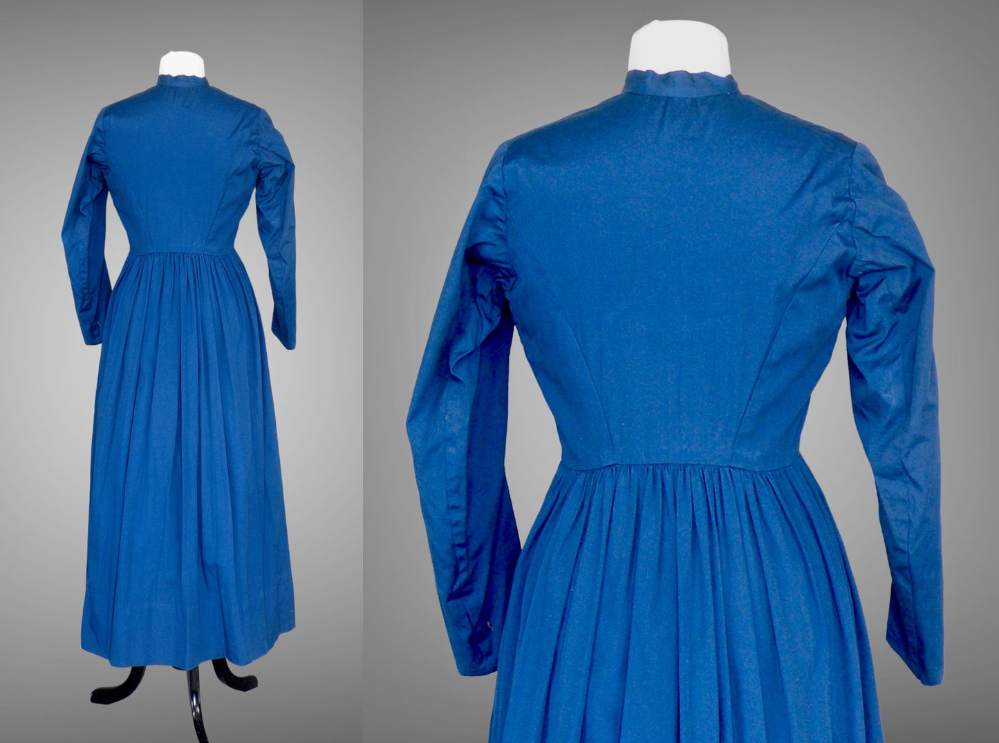 Antique Edwardian 1900s Blue Mennonite Pioneer Dress Set, Split Cape & Apron, Medium 29" Waist