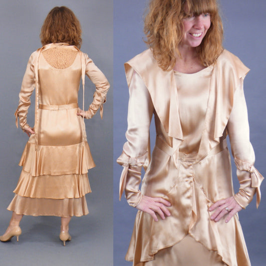 Vintage Late 1920s–Early 1930s Rose Gold Satin & Lace Tiered Evening Dress with Bow-Tie Sleeves, XS