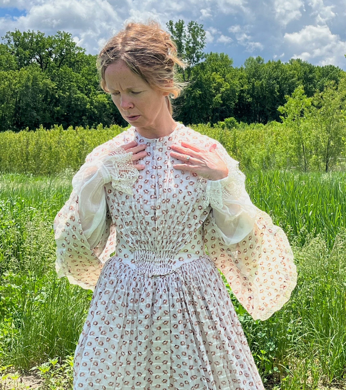 Antique 1850s Victorian Printed Rosebud Cotton Dress with Pagoda Sleeves & Fan Front, XS