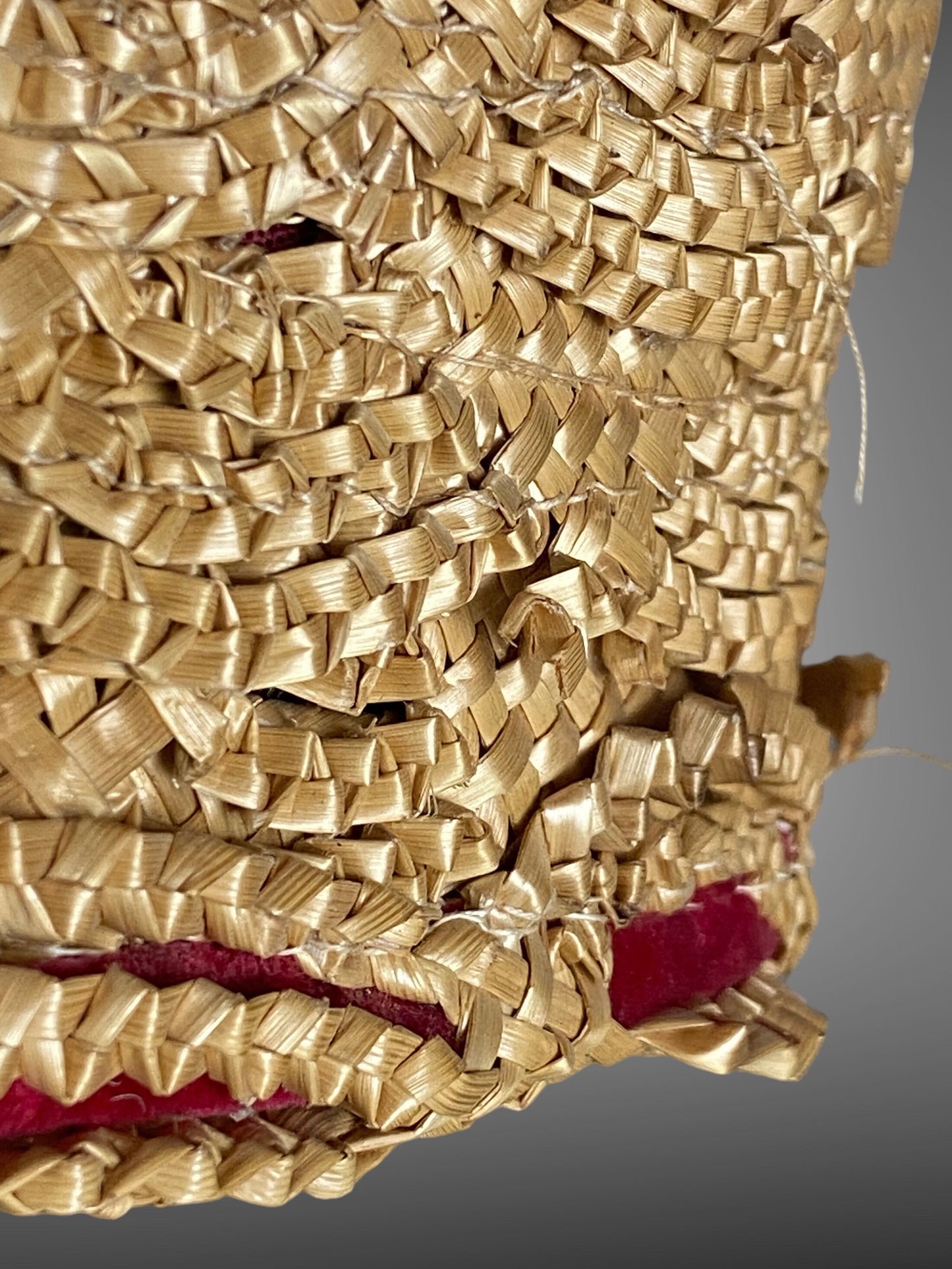 Vintage 1930s Straw Cloche Bucket Hat with Red Velvet Trim