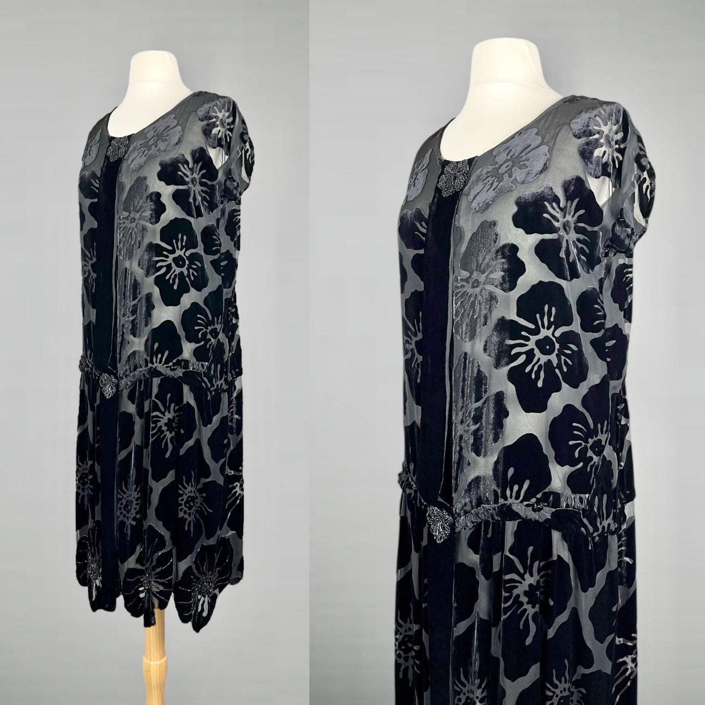 Vintage 1920s Black & Gray Burnout Silk Velvet Flapper Dress with Beaded Floral Motif & Scalloped Hem, S/M - M