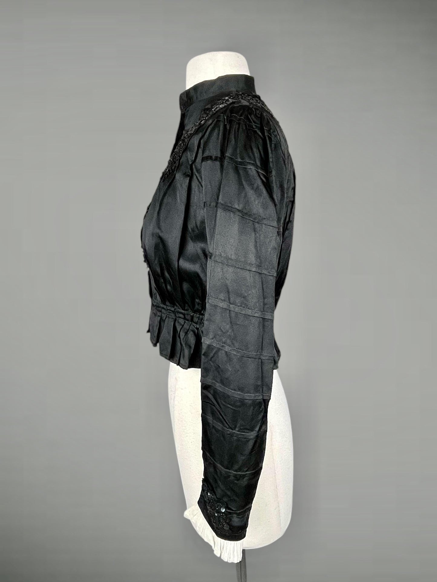 Antique Edwardian 1900s Beaded & Sequined Black Silk Blouse, XS–S