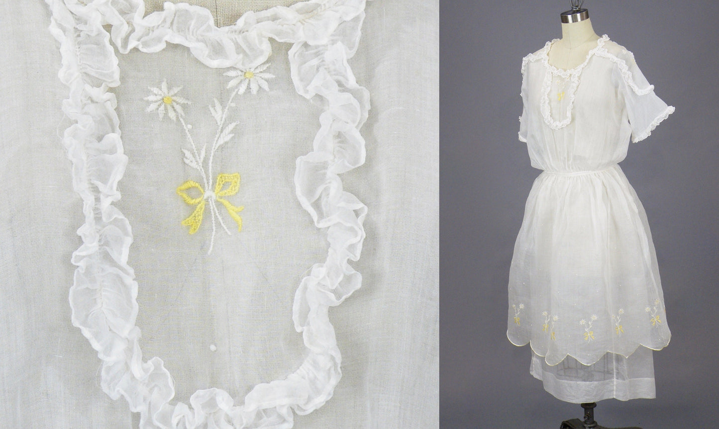 Antique Late 1910s–1920s White Embroidered Organdy Summer Dress, 2-Piece, XS 25" Waist