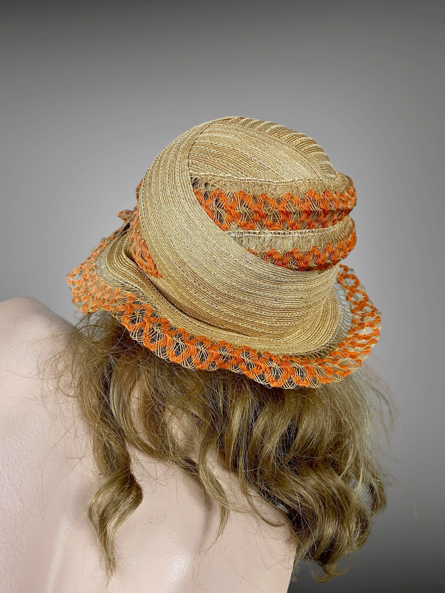 Vintage 1920s Orange Woven Straw and Horsehair Flapper Cloche Hat