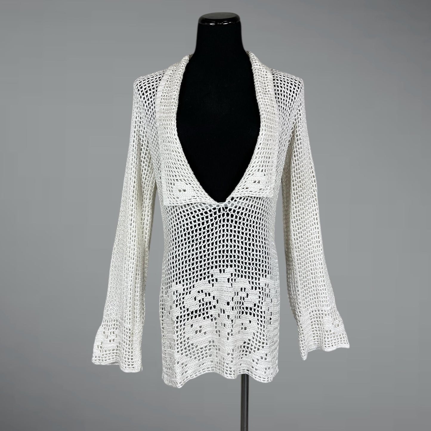 Antique 1920s Hand Crochet Filet Lace Tunic Sweater, Deep-V Openwork, Wool Rayon, M–L