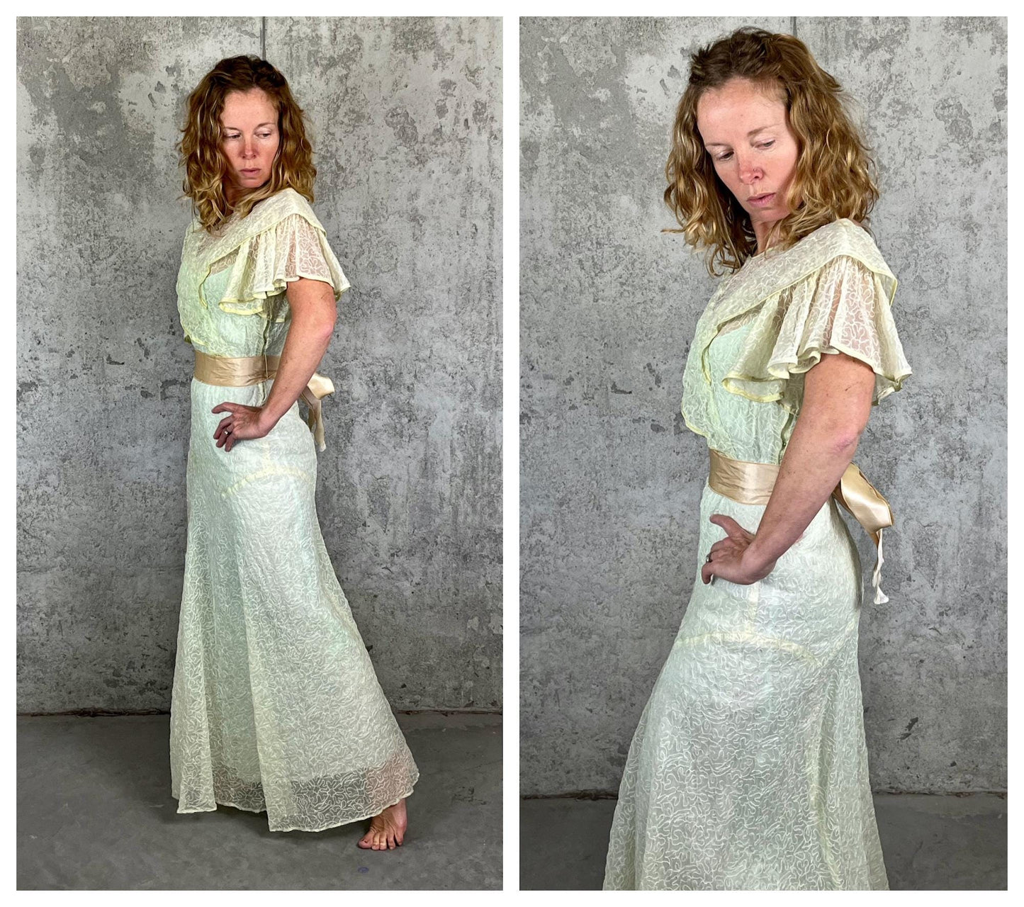 Vintage 1930s Sheer Green Organdy Gown, Embroidered Flutter Sleeve Art Deco Bias-Cut Dress, S / S-M