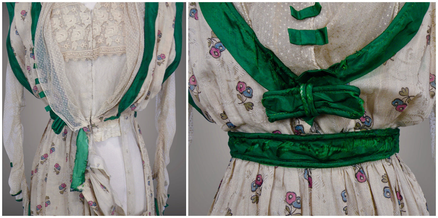 Antique 1900s Edwardian Floral Print Dress with Green Silk Trim & Matching Reticule Purse, XS